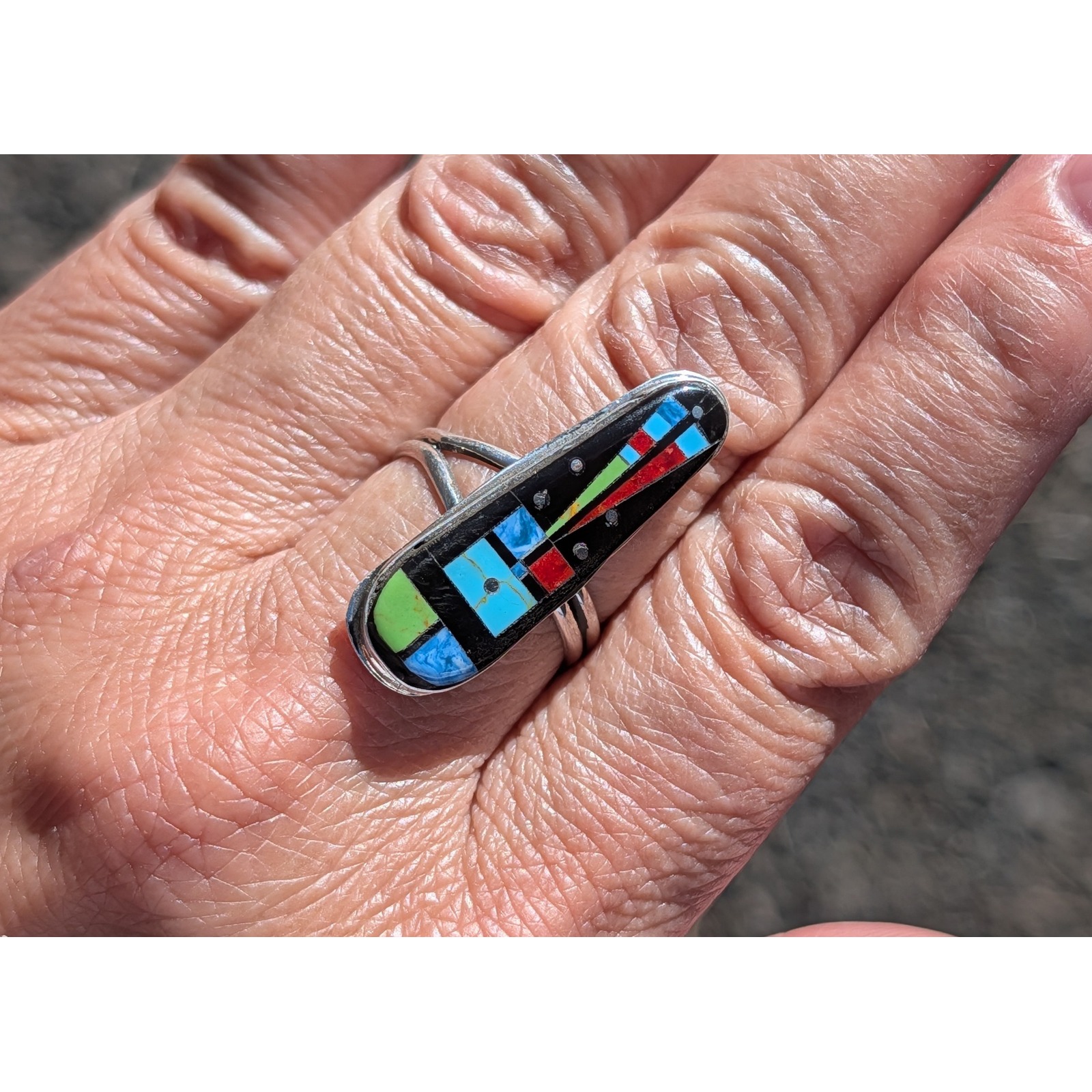 Handmade Zuni Inlay Ring By Gilbert Smith Adjustable Sterling Silver Night Day